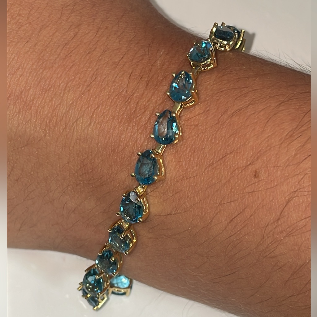 Solid Stamped 10k Yellow Gold Pear Genuine Blue Topaz Gemstones Tennis Bracelet